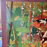 Table Painting Wood Carving Hunting Scene Dog Signed 130x70