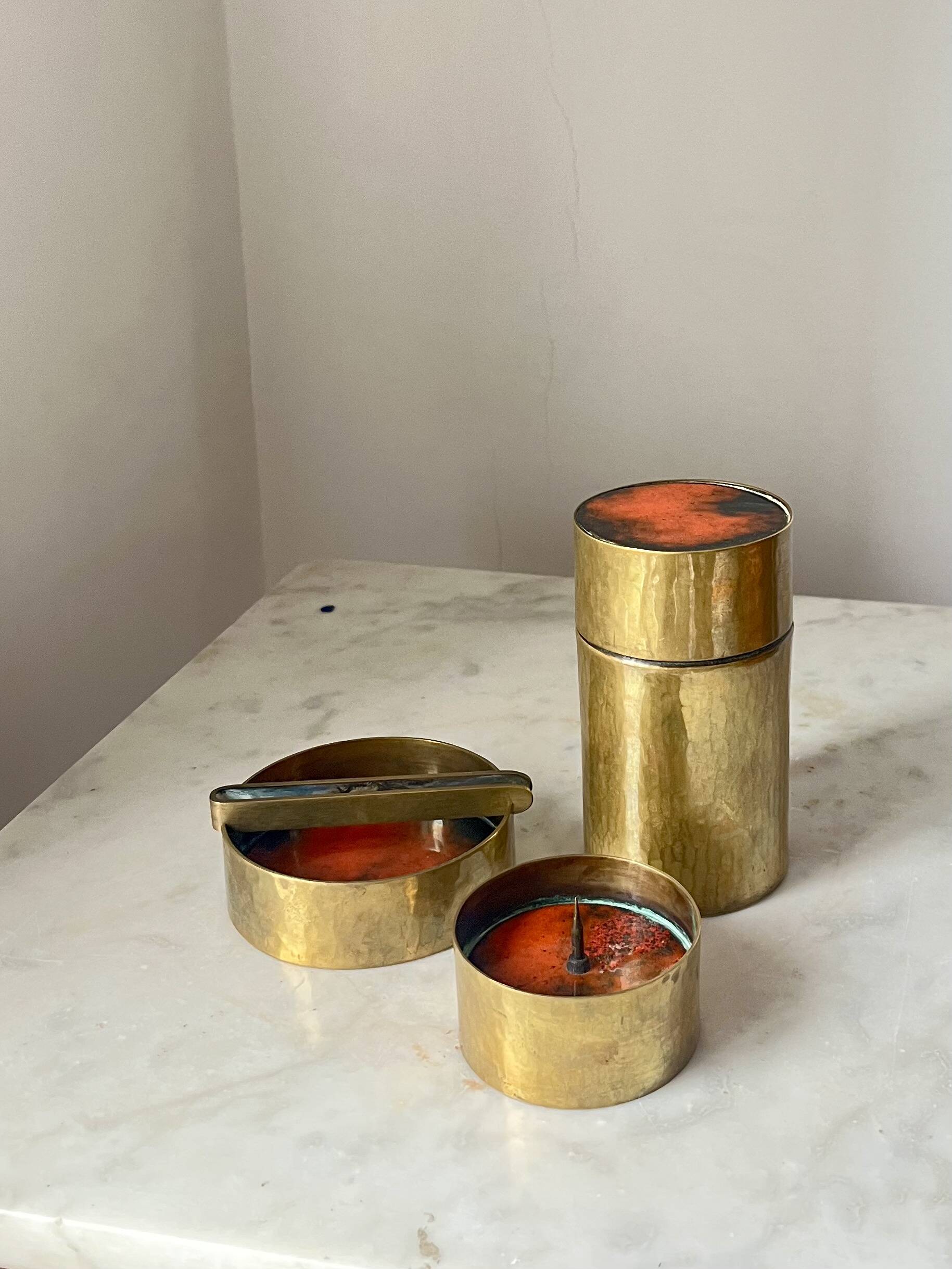 Vintage Red Enamelled Bronze Set, Ashtray, Candle Holder & Lidded Jar, 50s