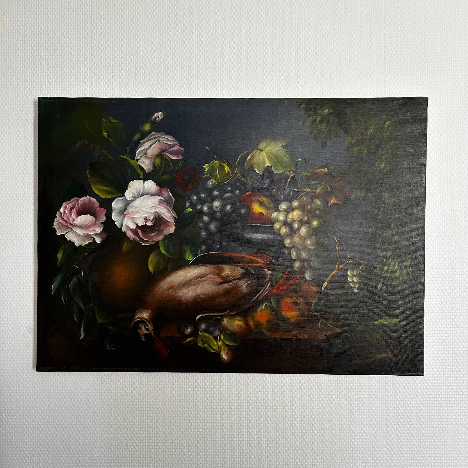 Painting, still life roses, grapes and game