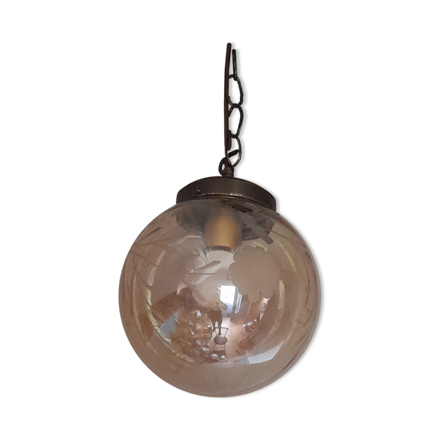 Vintage globe suspension in amber glass, chiseled floral decoration - 80s