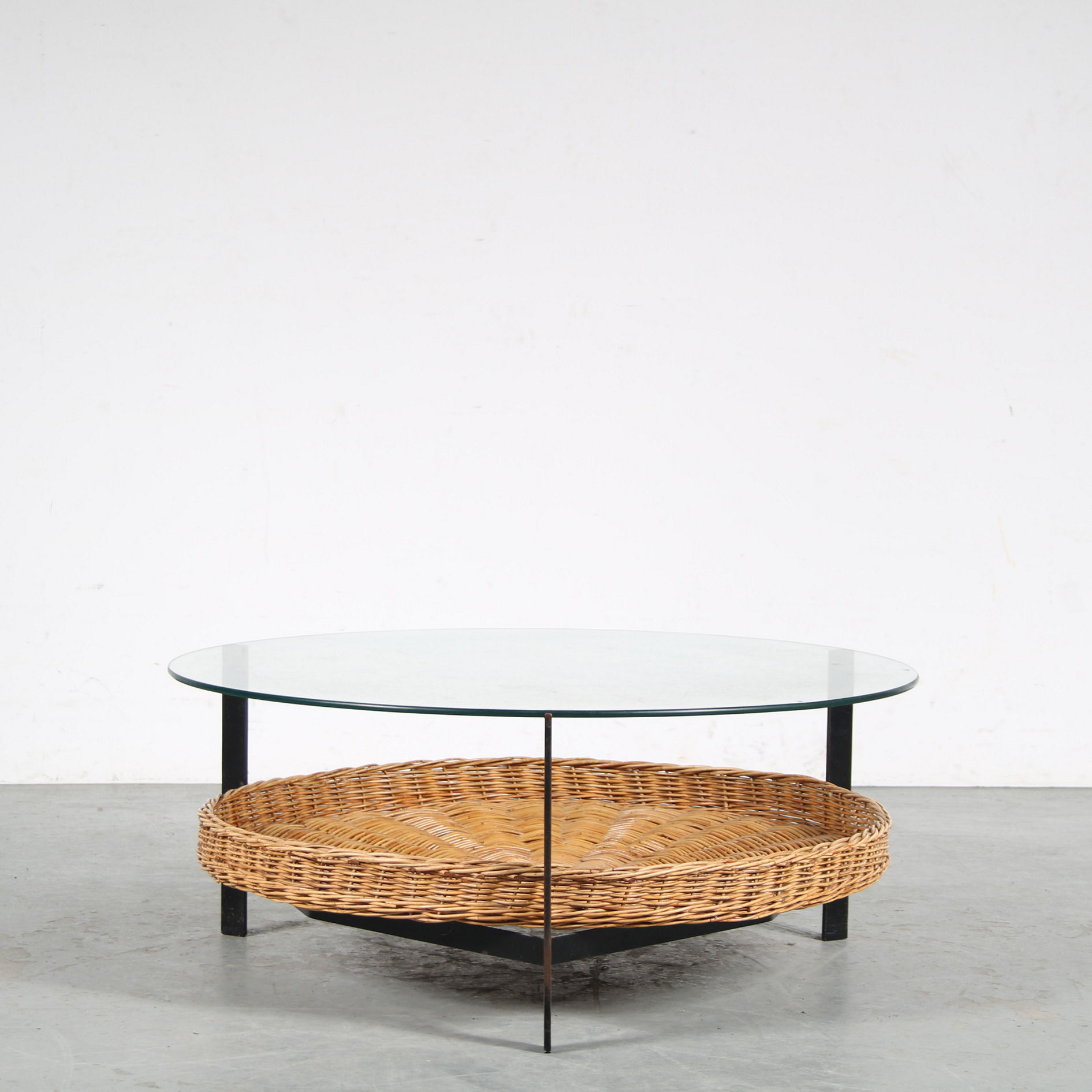 1960s Round coffee table with wicker from the Netherlands