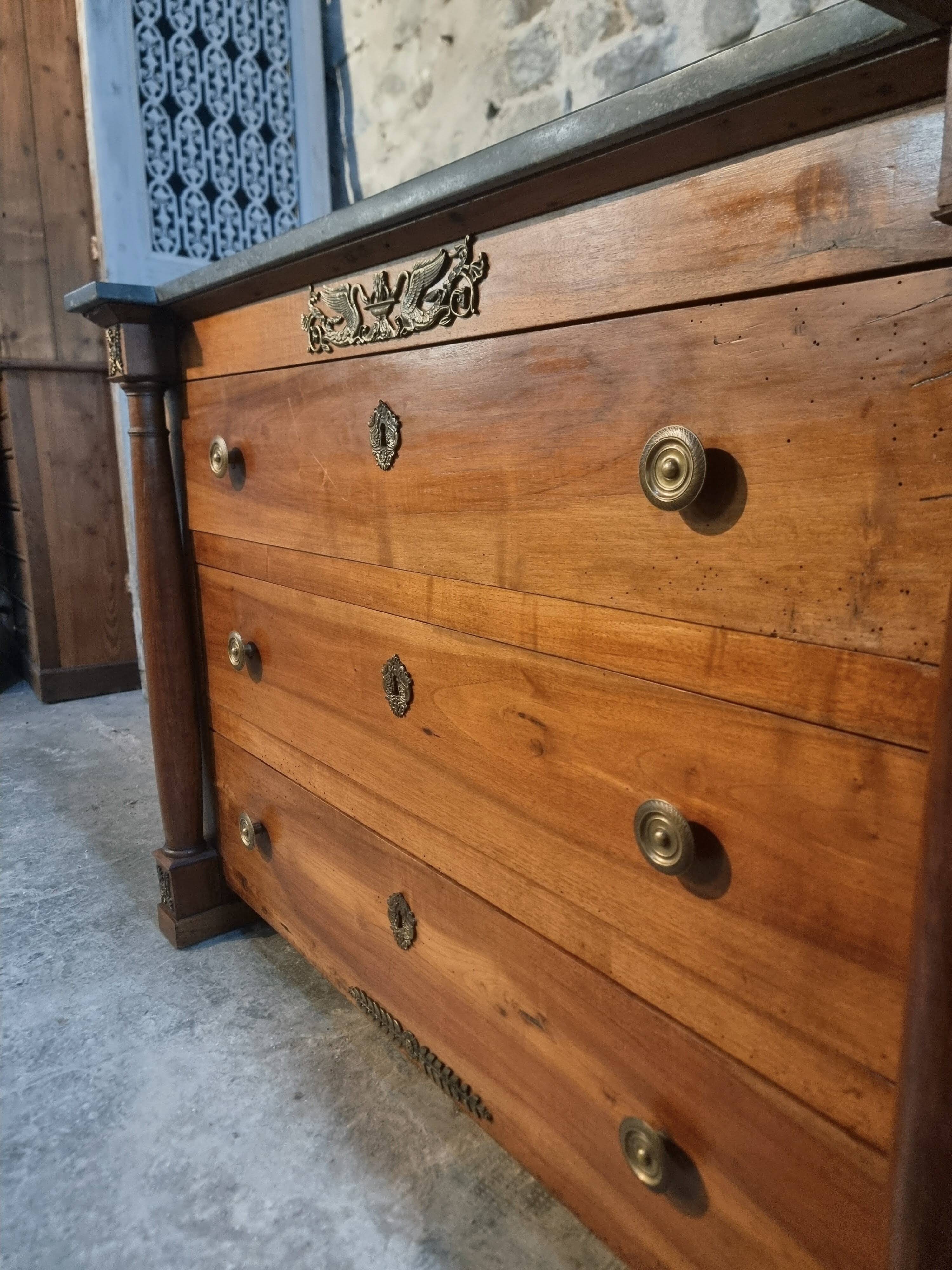Antique commode, walnut and oak, marble top, 3 drawers, France circa 1820–1850.