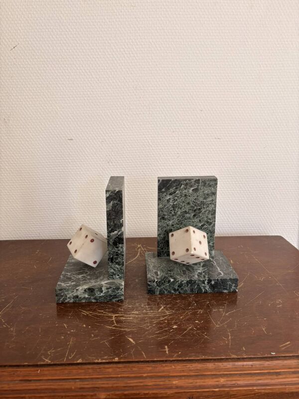 Ancien Paire Serre Livre Cube Dès Marbre Vert Maurin Suède Art Déco 1930