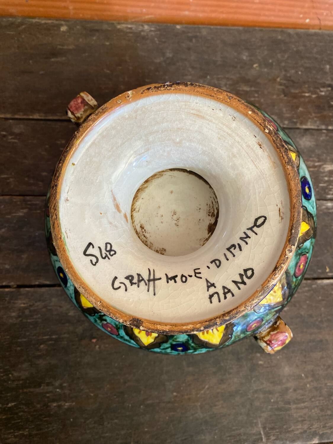 Sweet box with handles, antique caltagirone polychrome ceramic.