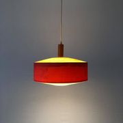 Red fabric ceiling light with textured plexiglass shade by Temde, 1960s, Germany.