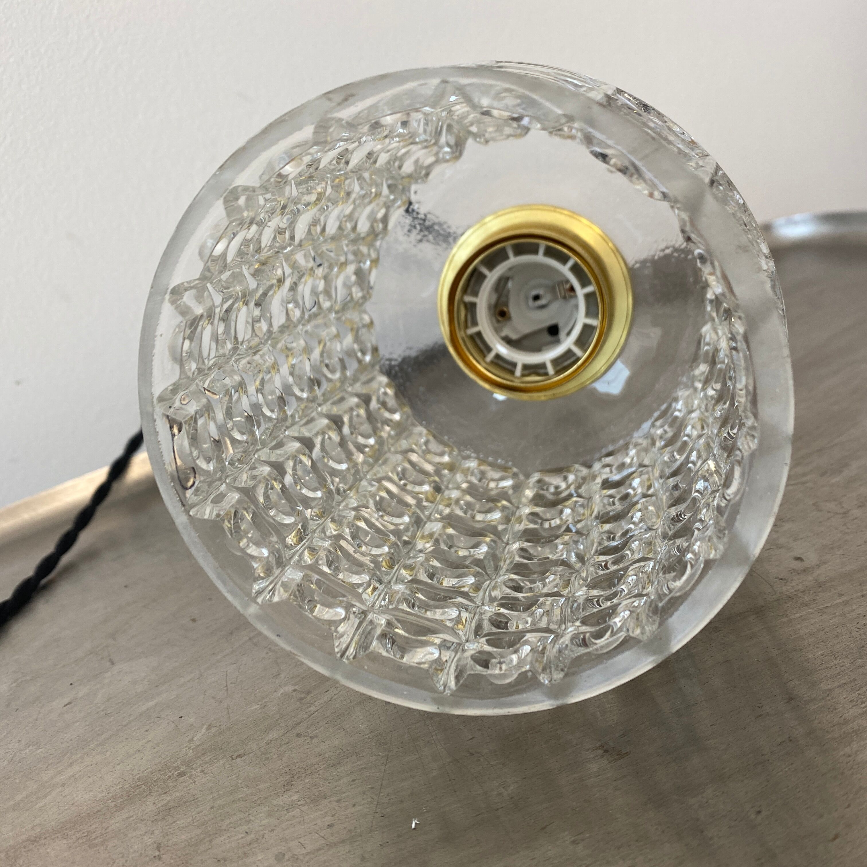 Pair of vintage molded glass pendant lamps
