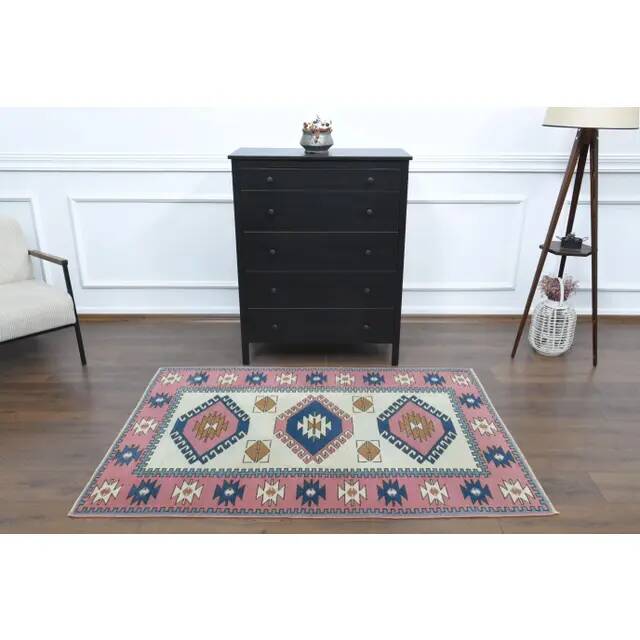 1970s Vintage Turkish Hand-Knotted Wool Cotton Pink Area Rug 120x176