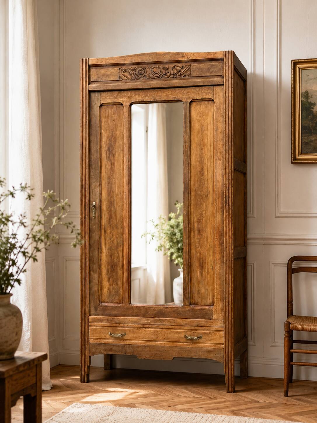 Art Deco bonnetière wardrobe from Paris in raw and solid oak.
