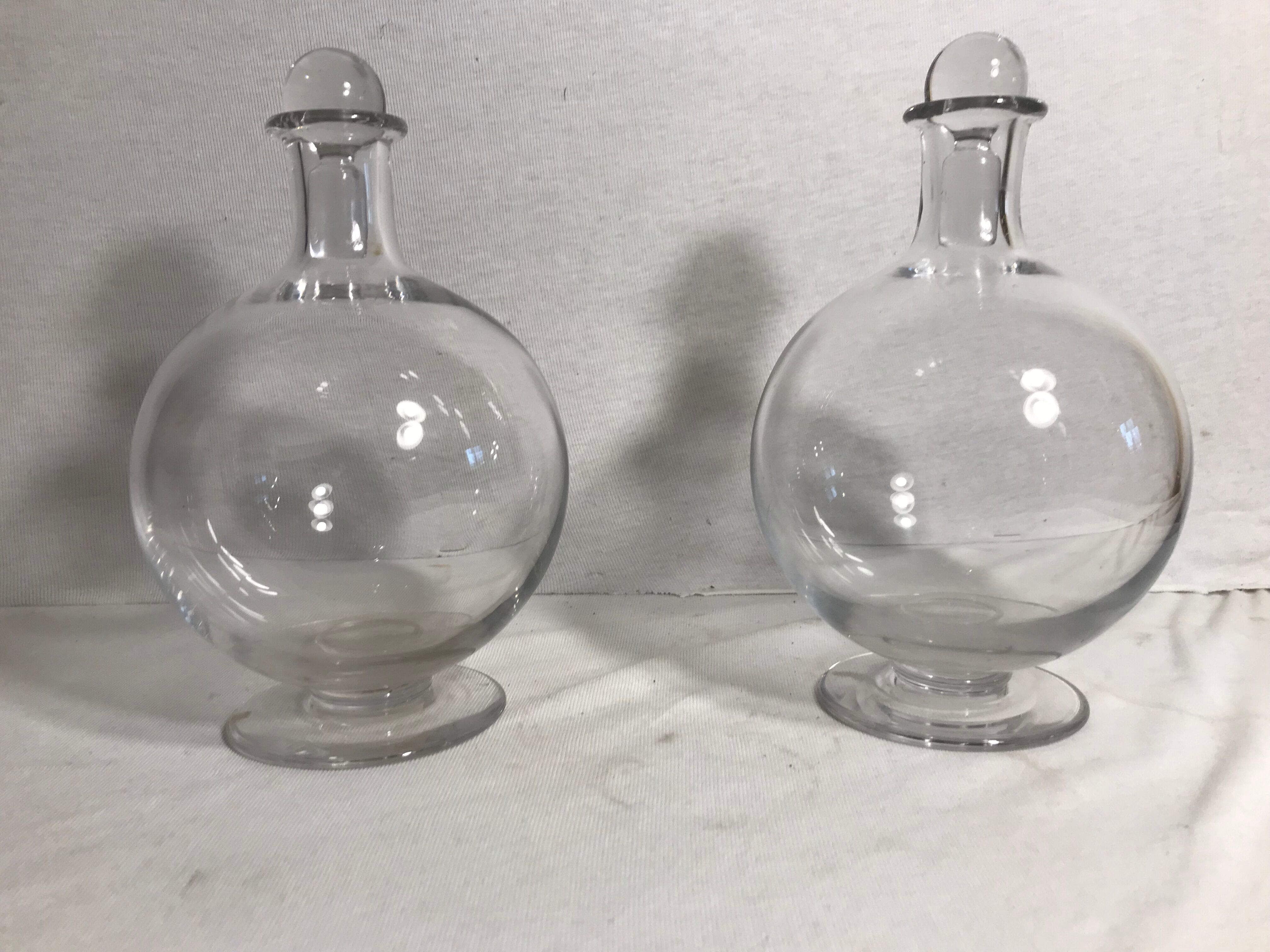 Pair Old Carafe Bombée Glass - Vintage Round Bouchon