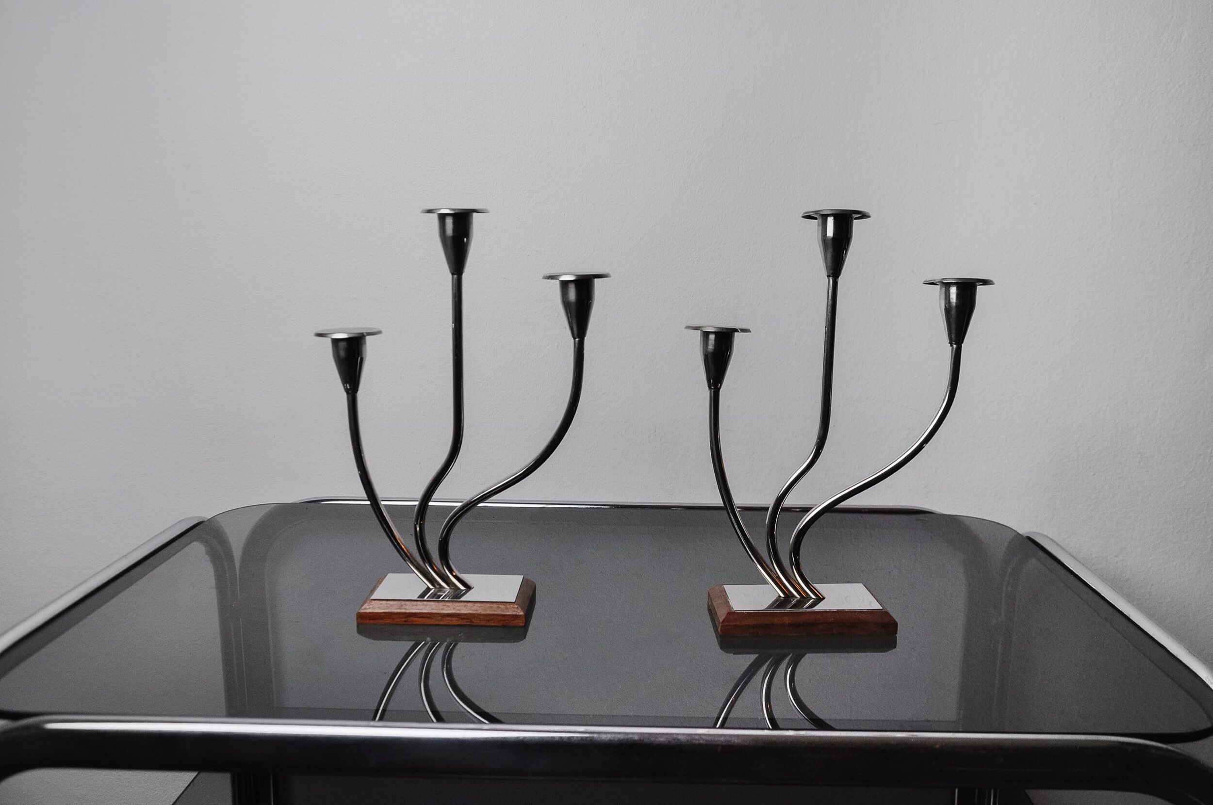 Pair of art deco candle holder in stainless steel 3 flames, Spain, 1970