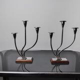 Pair of art deco candle holder in stainless steel 3 flames, Spain, 1970