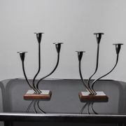 Pair of art deco candle holder in stainless steel 3 flames, Spain, 1970