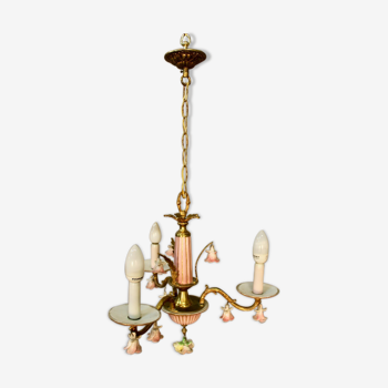 Lustre italien en bronze et fleurs en porcelaine avec ses 2 appliques