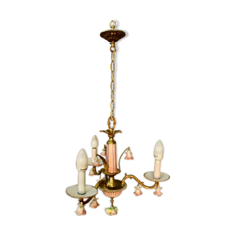 Italian chandelier in bronze and flowers in porcelain with his 2 appliques