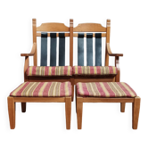 Banquette 2 places et repose-pieds vintage en chêne