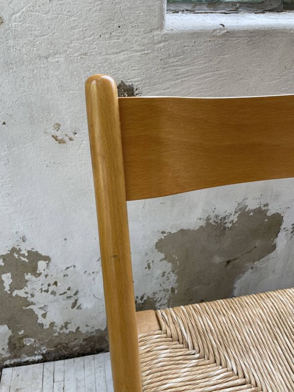 Chaise pliante hêtre et paille années 80