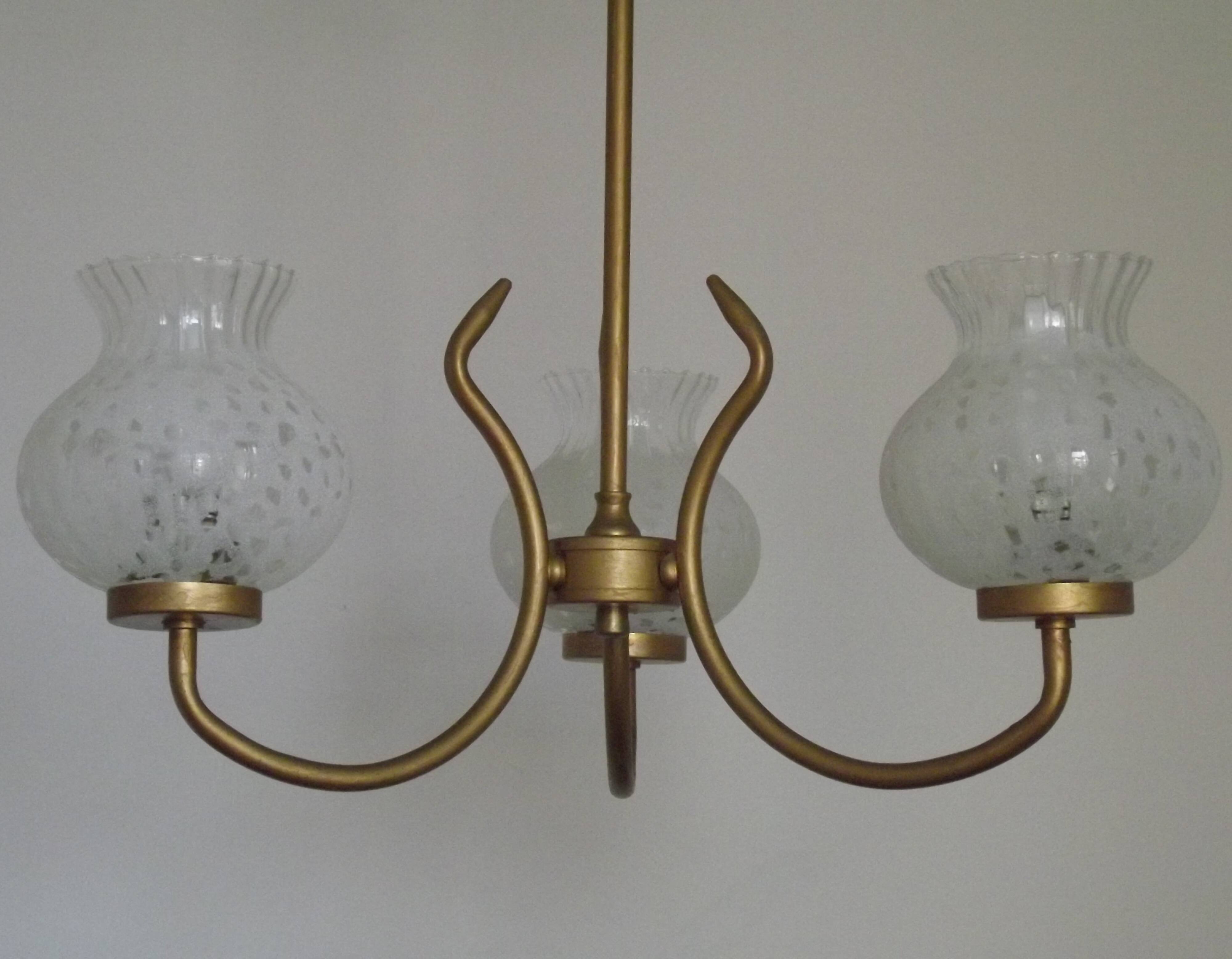 French Mid Century 3 Light Gold Metal Chandelier Textured Glass Shades