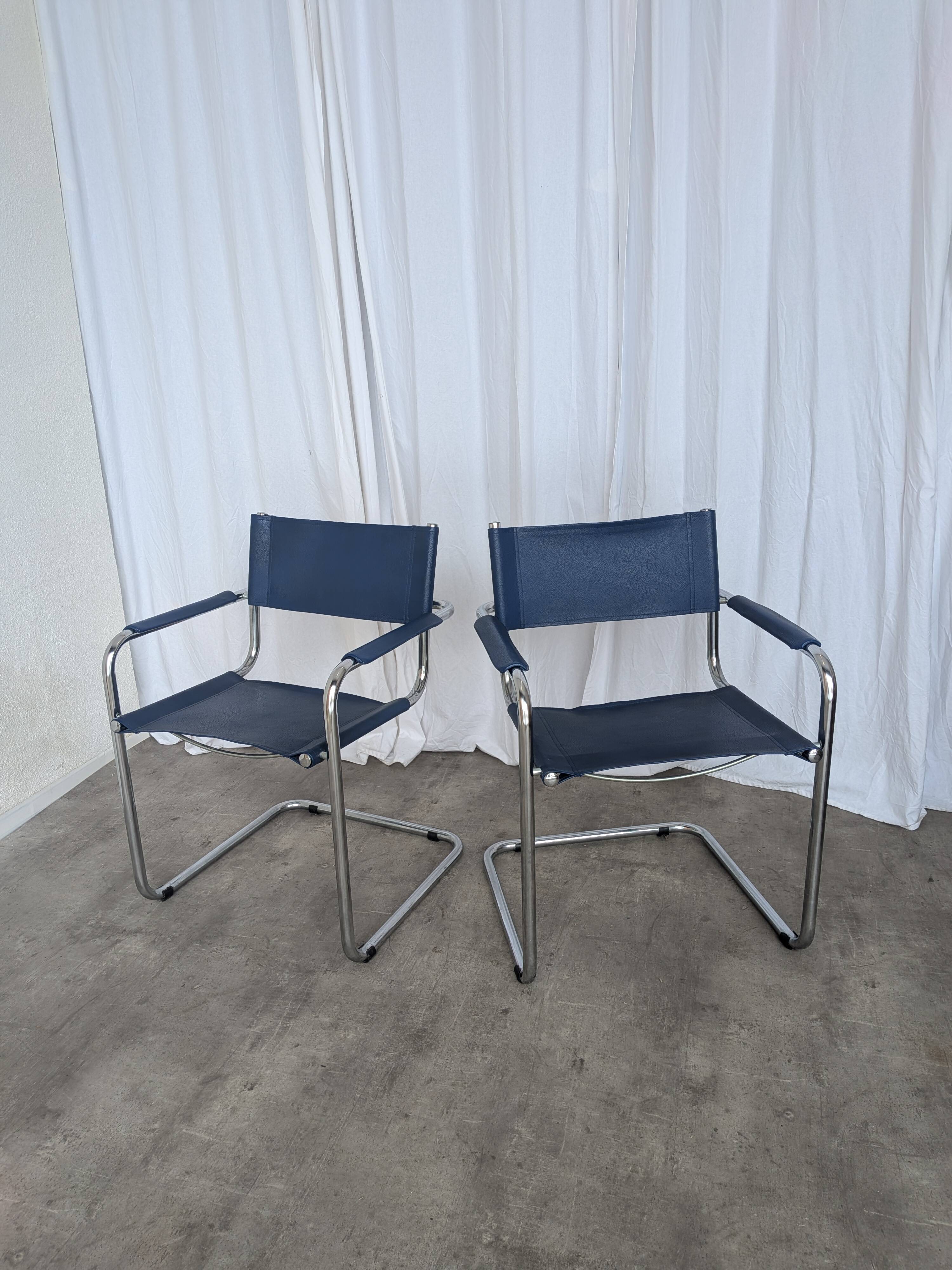 Set of 2 Vintage Mart Stam Style S34 Chair: Blue Leather, Bauhaus Design