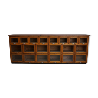 Large vintage dutch oak haberdashery shop cabinet / vitrine, 1950s