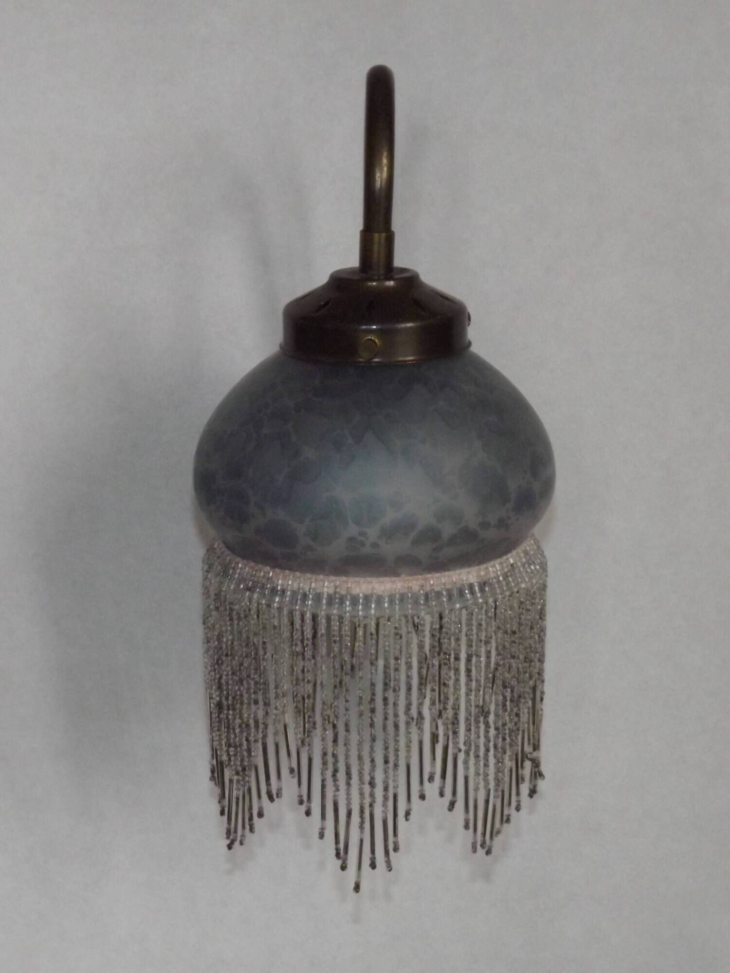 Pair French Vintage Mottled Glass Single Wall Lights Beaded Fringed Shade