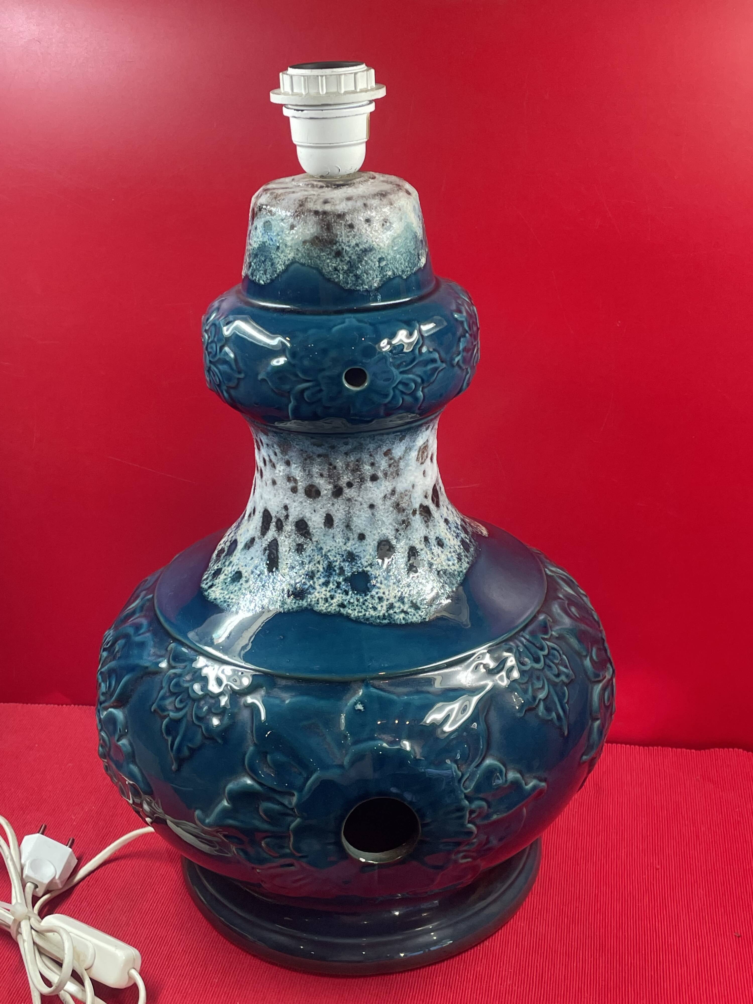 Vintage 60's table or floor lamp base in blue glazed ceramic