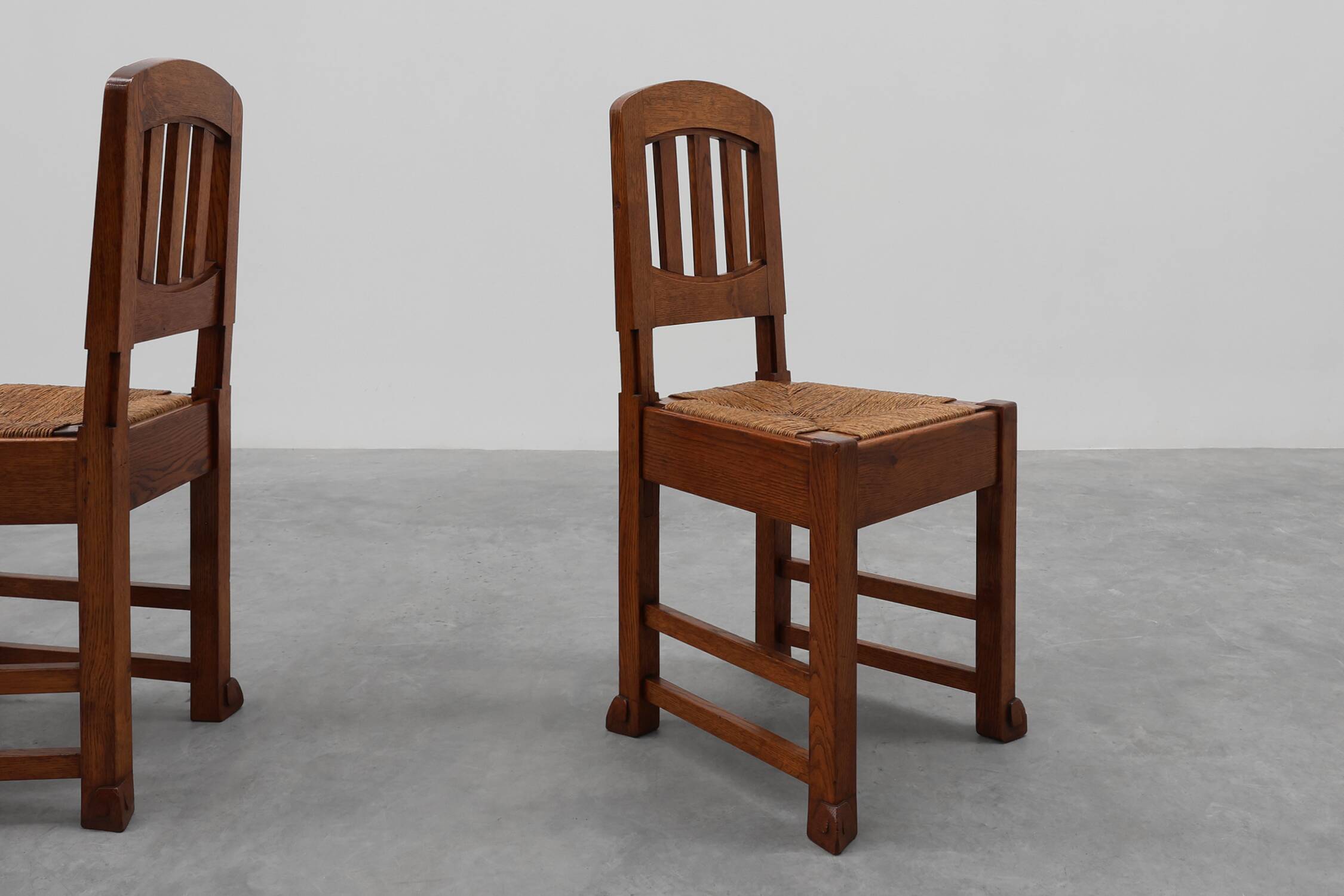 Set of 4 Early Art Deco Oak & Wicker Dining Chairs, Belgium, 1915