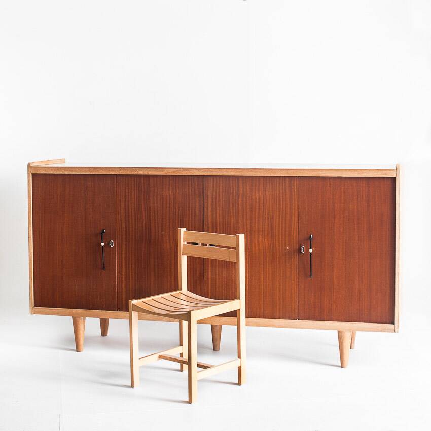 Vintage high buffet. Oak and mahogany veneer, France, 1960s.