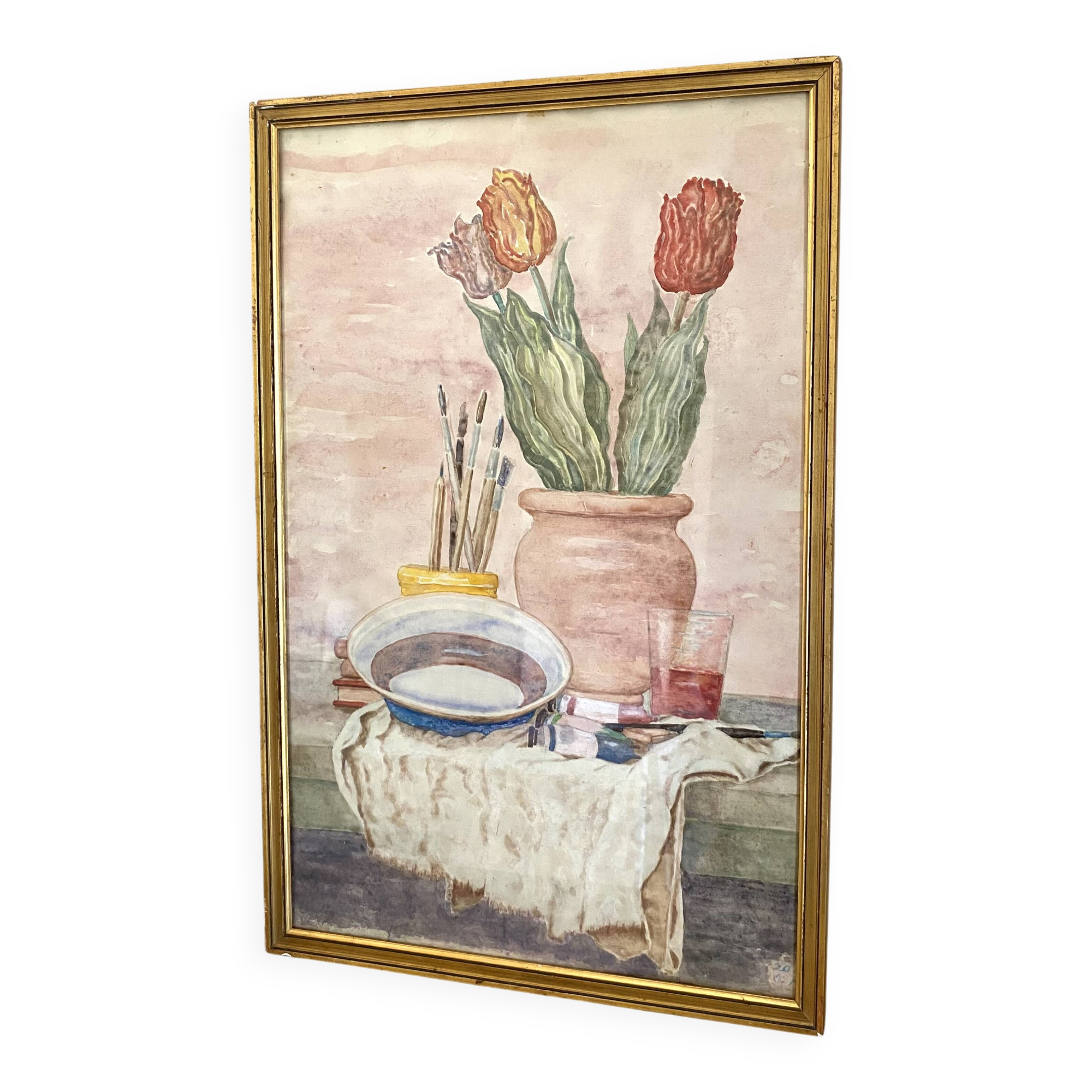Watercolour still life from the 1970s under glass.