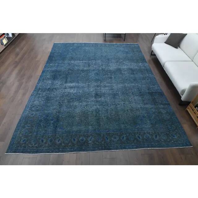 1970s Vintage Persian Handmade Wool Cotton Blue Area Rug 277x360