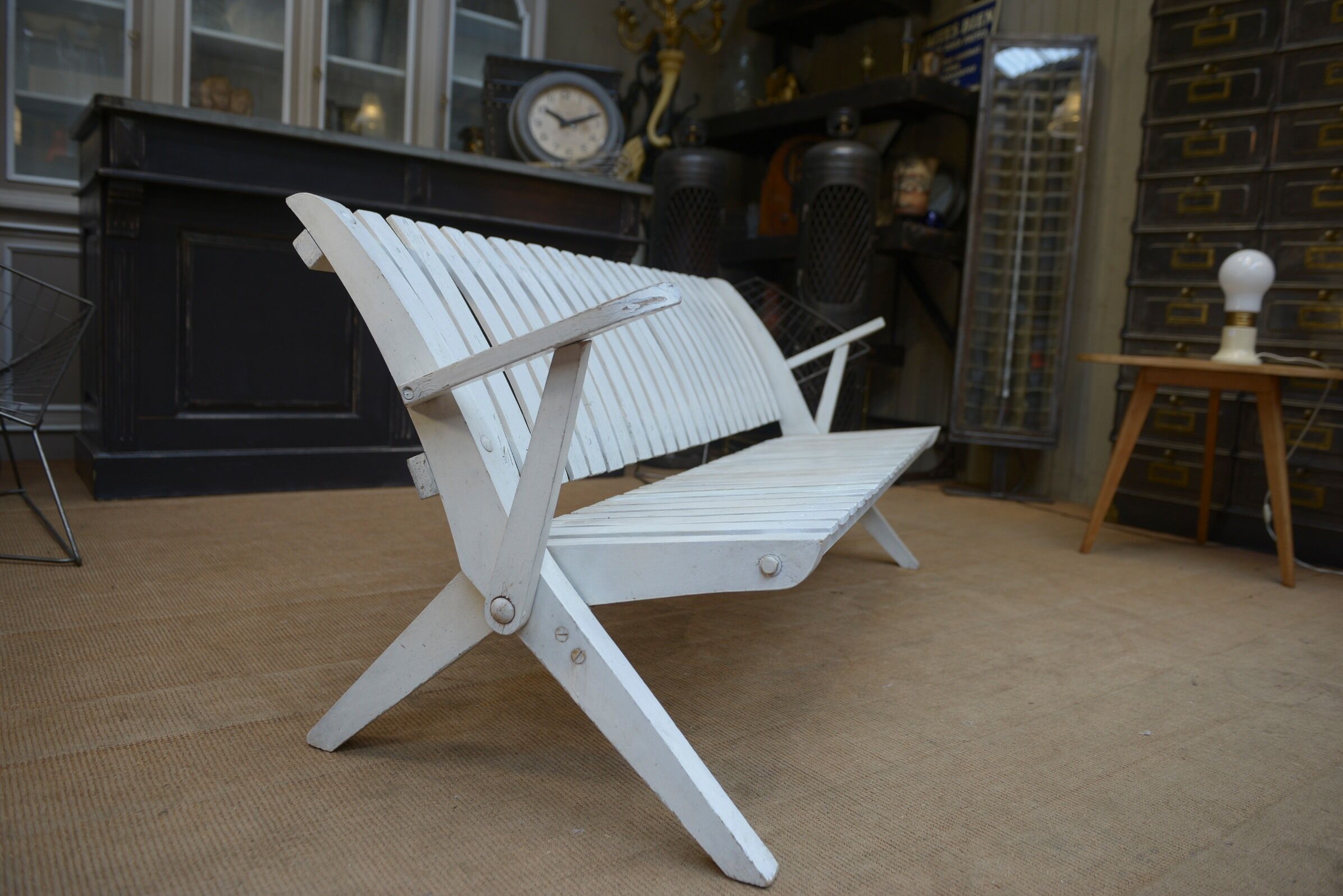 Folding garden bench in white lacquered beech of vintage origin 1950