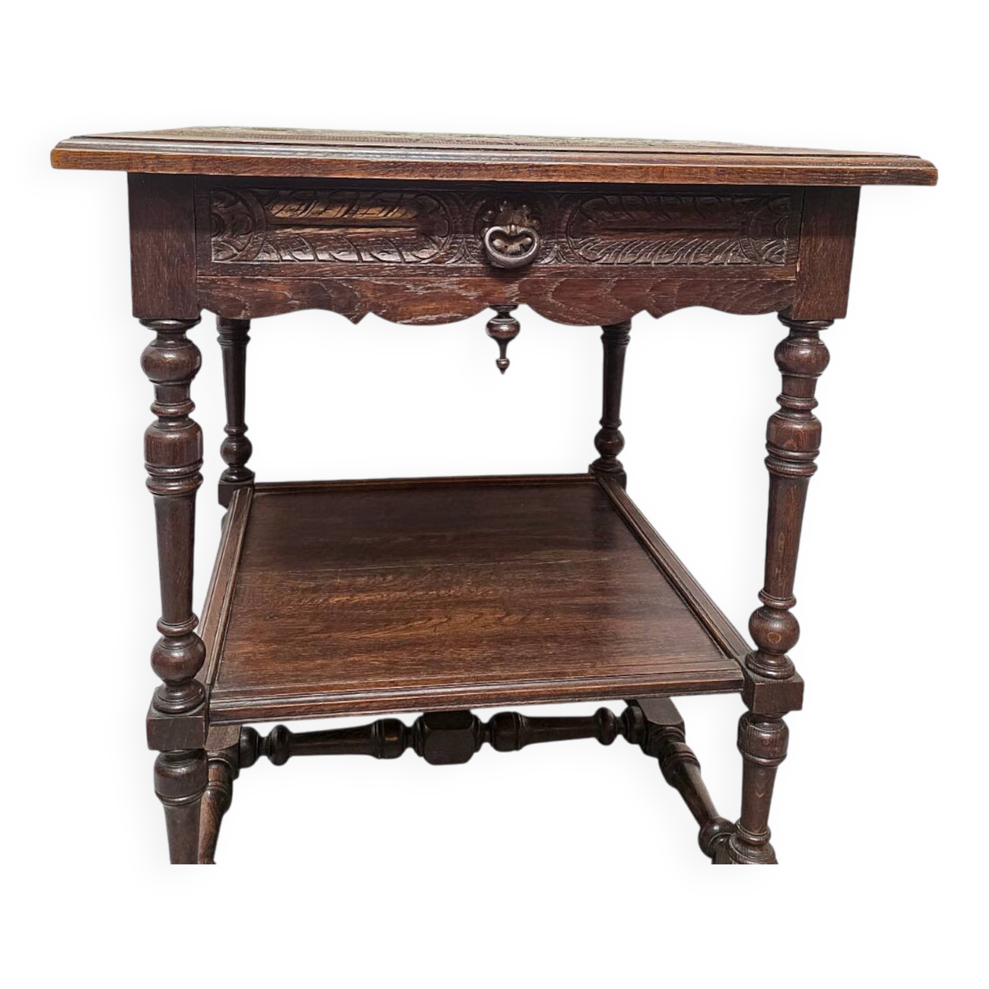Antique French oak Side Table With Embroidered Top, late 1800s
