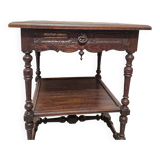 Antique French oak Side Table With Embroidered Top, late 1800s