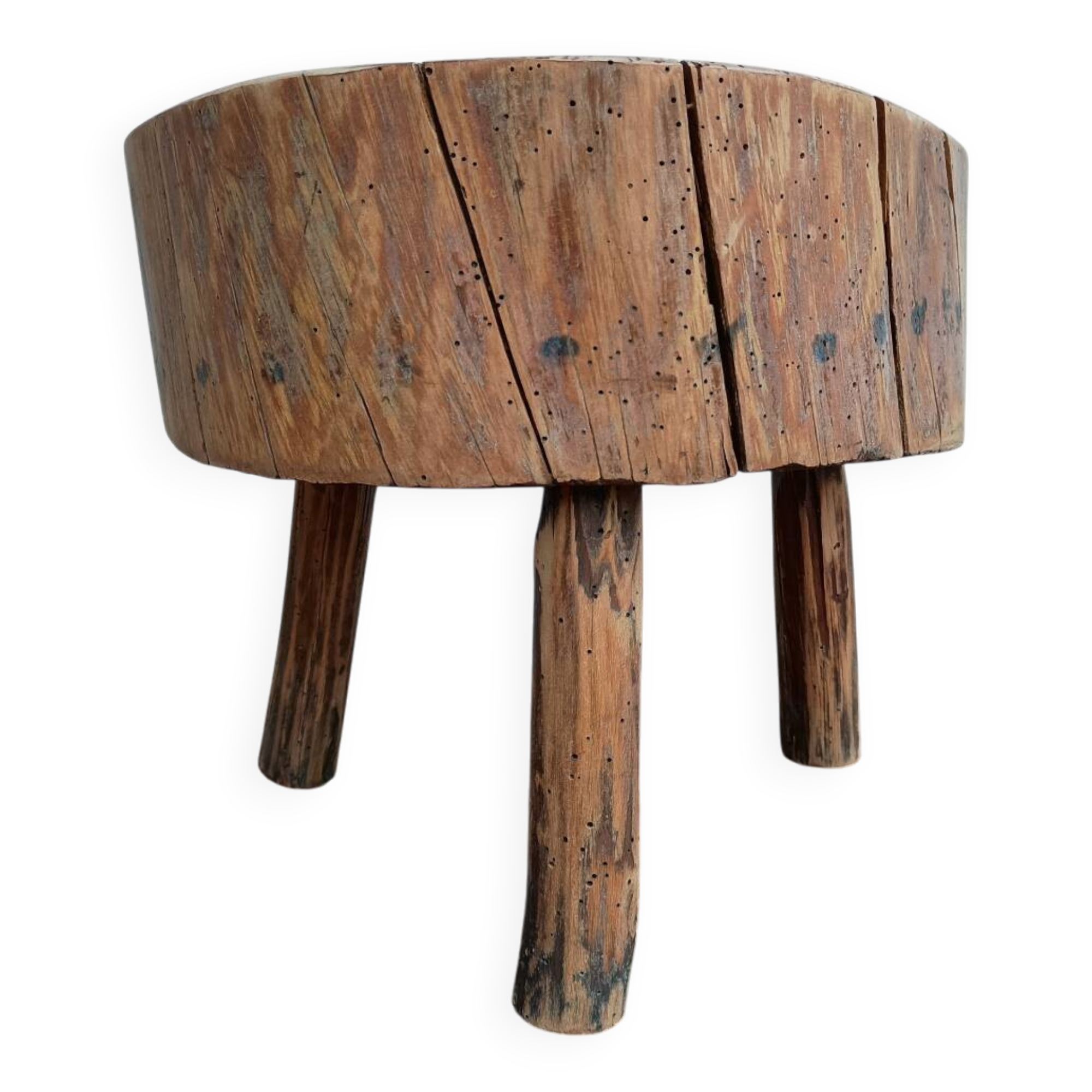 Brutalist tripod coffee table in solid wood.