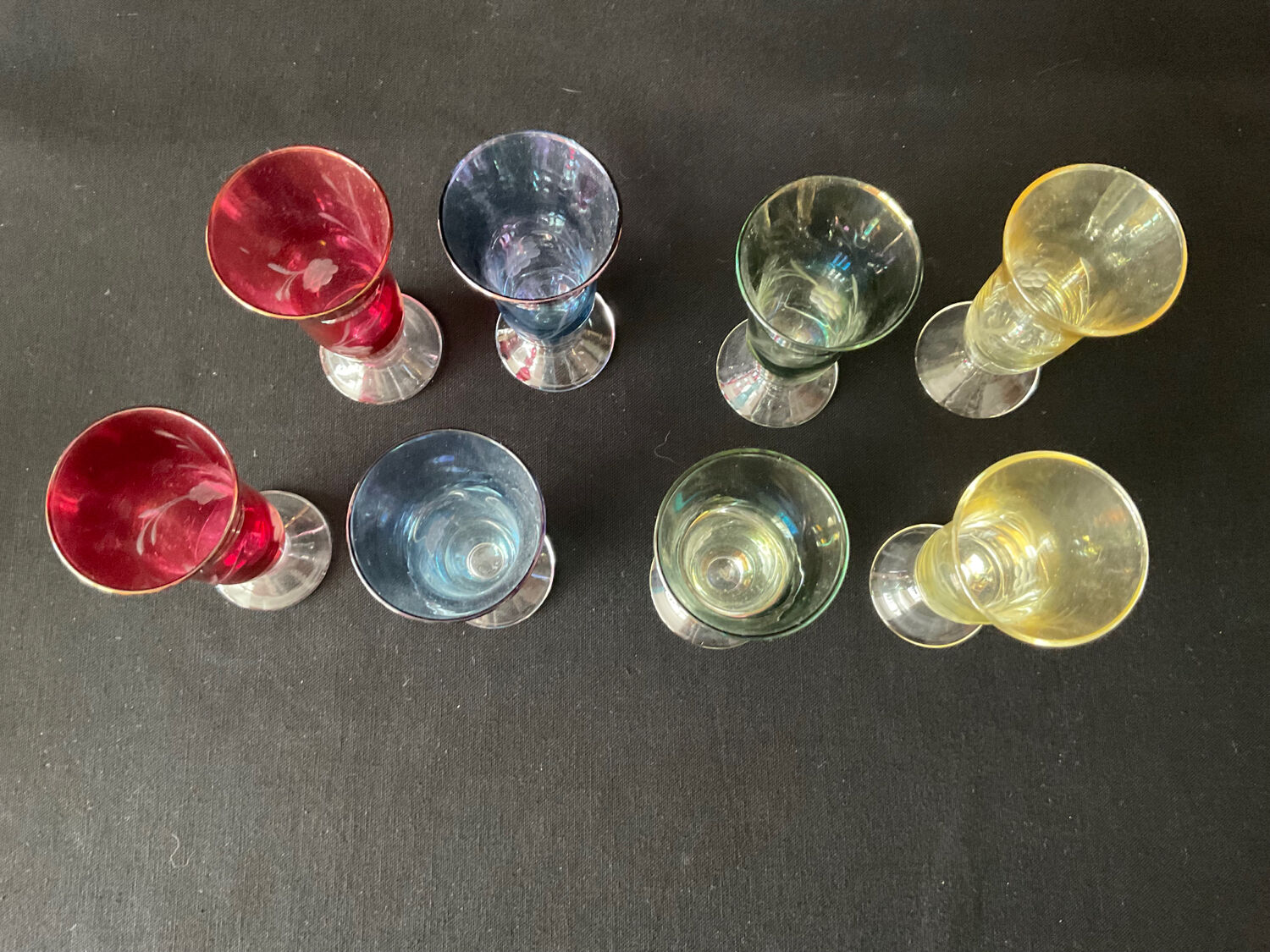 Antique coloured and engraved liquor glasses