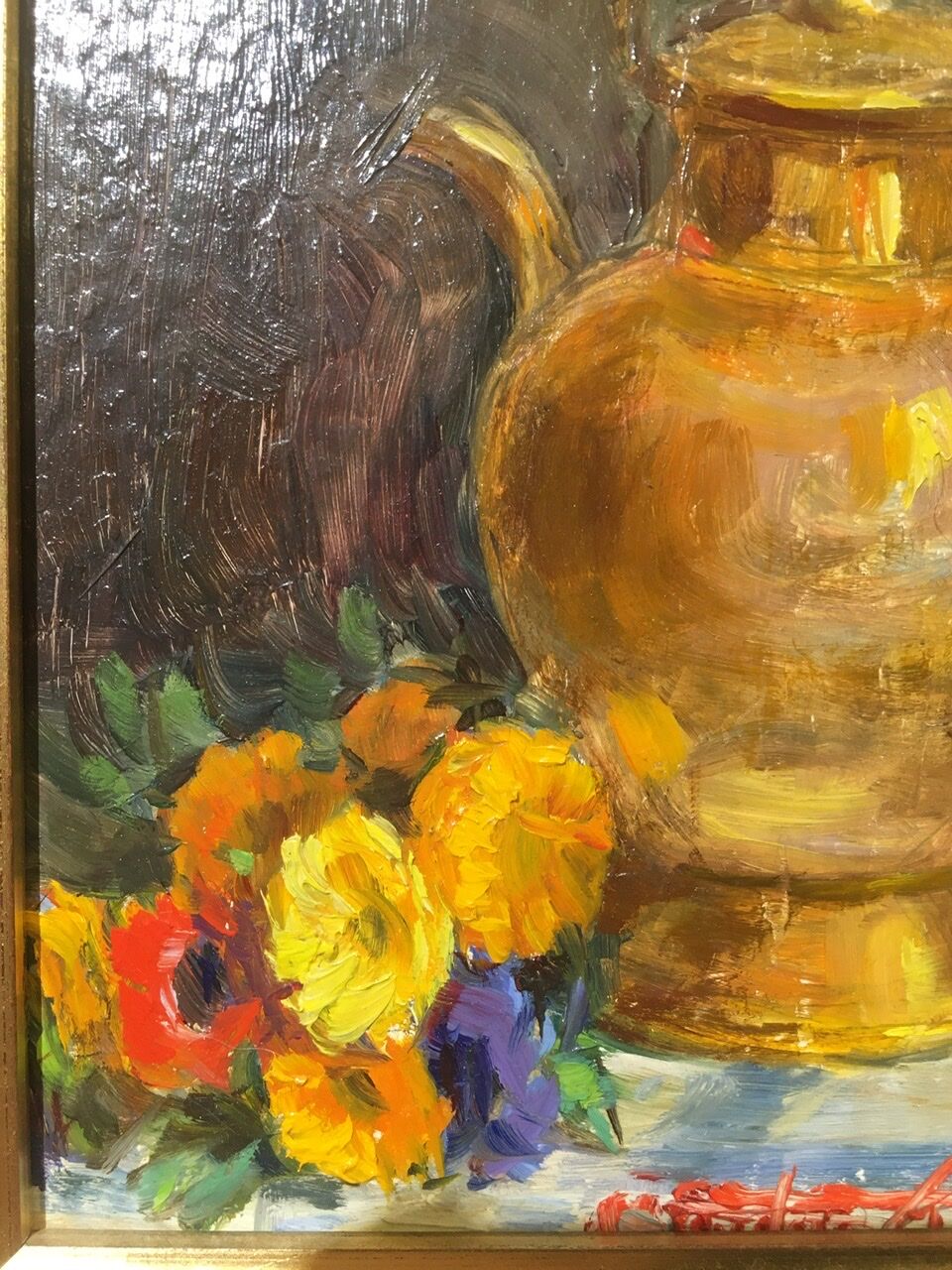 Still life with pourer and bouquet of flowers signed