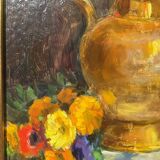 Still life with pourer and bouquet of flowers signed