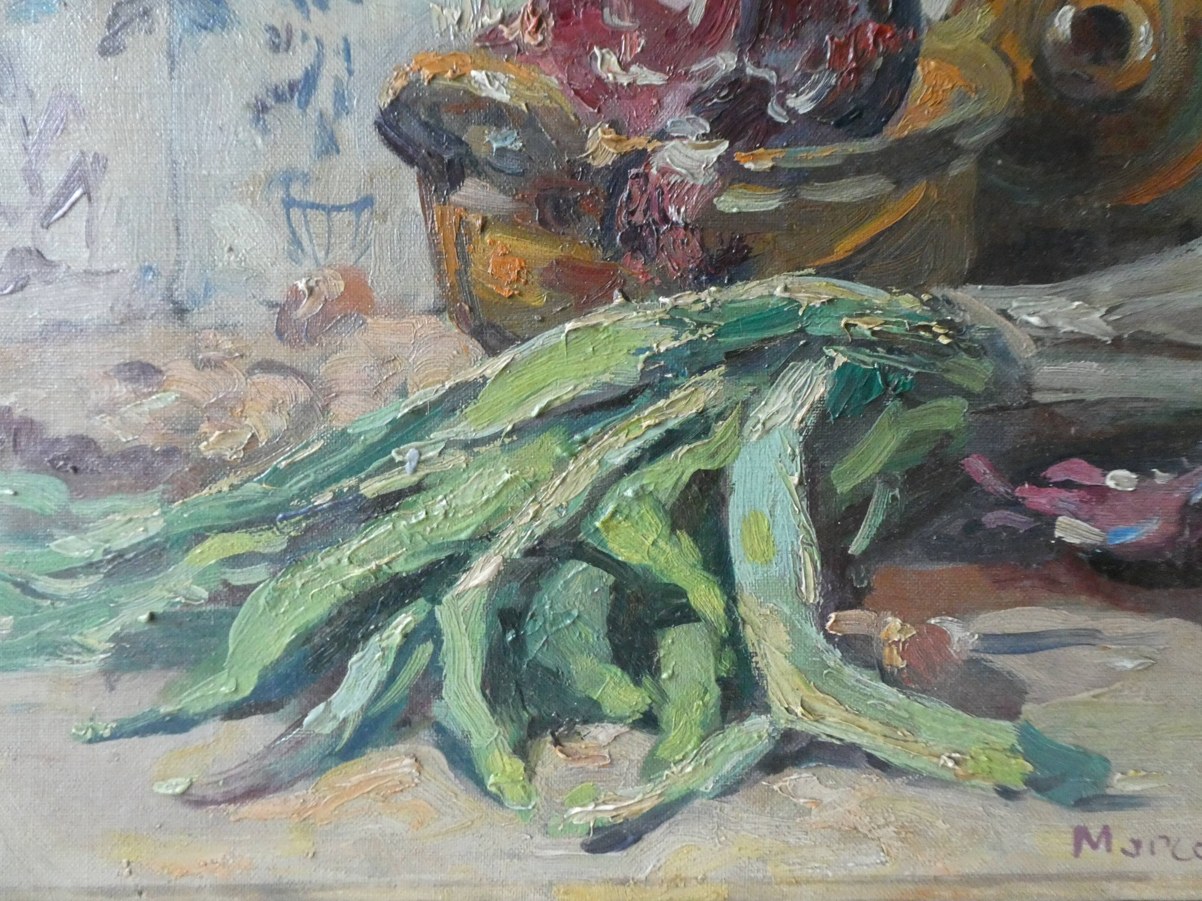 Oil on canvas, still life with leeks