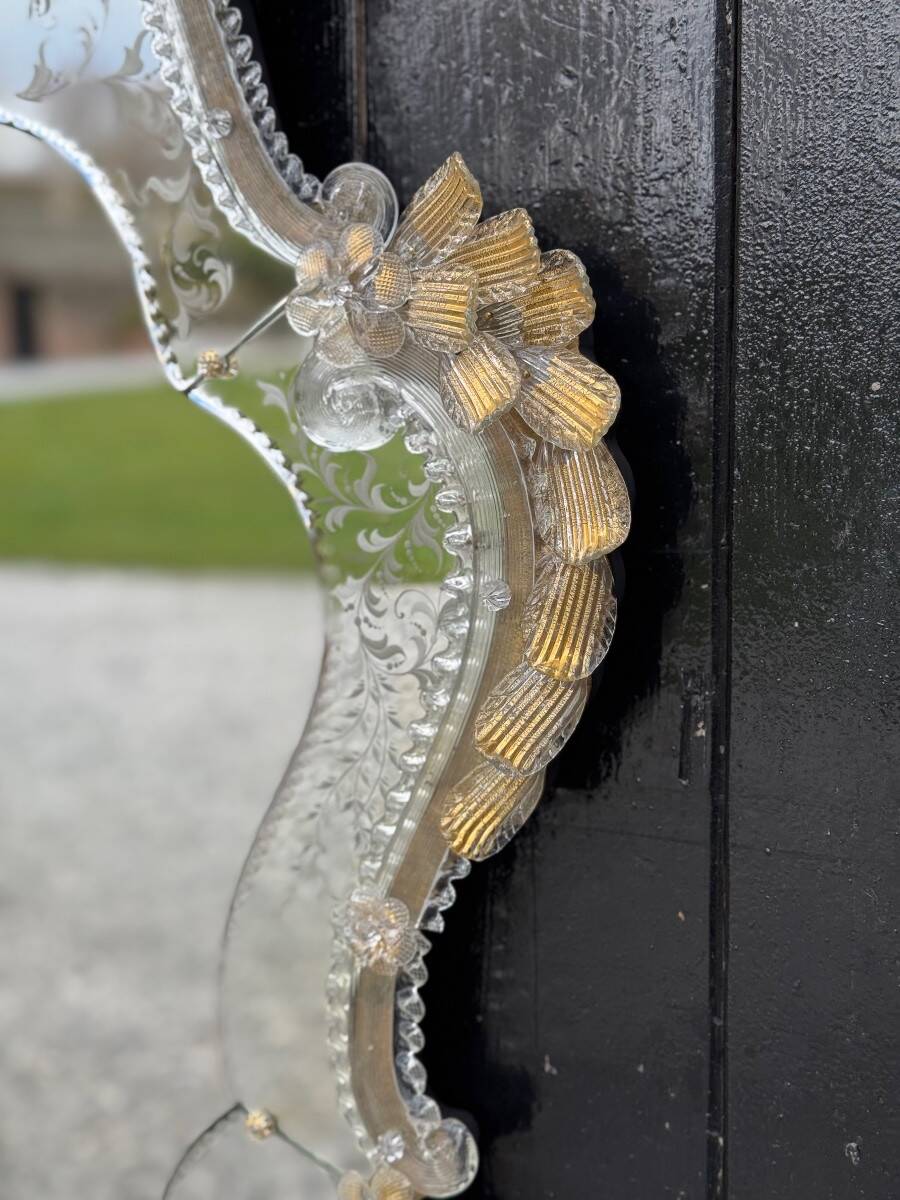 Venetian Murano Glass Mirror, Gilded with Fine Gold, Engraved Mirror, Circa 1950
