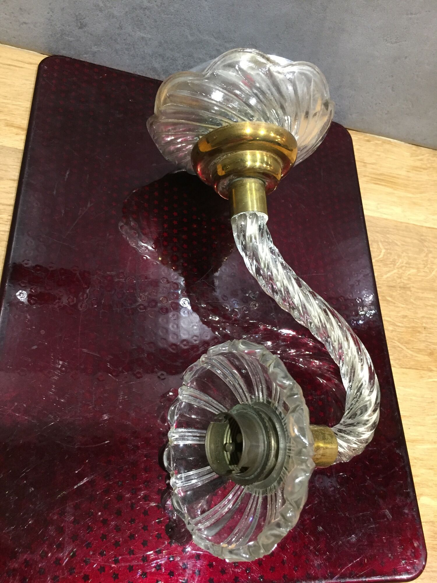 Pair of glass and gold metal sconces in the 1950s