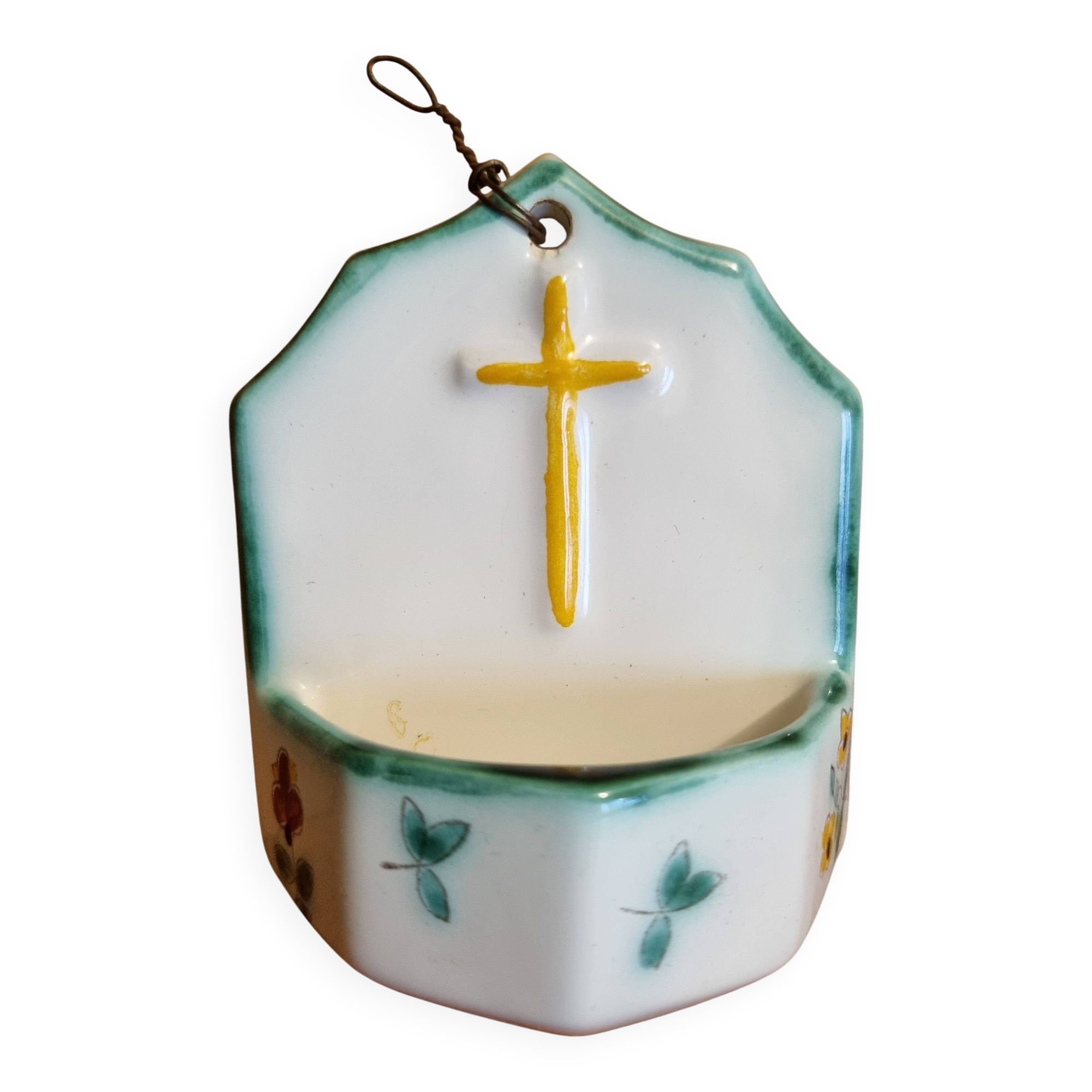 Small antique porcelain holy water font with cross