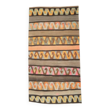 Tapis coureur kilim vintage turc Oushak fait main en laine et coton marron 164x315