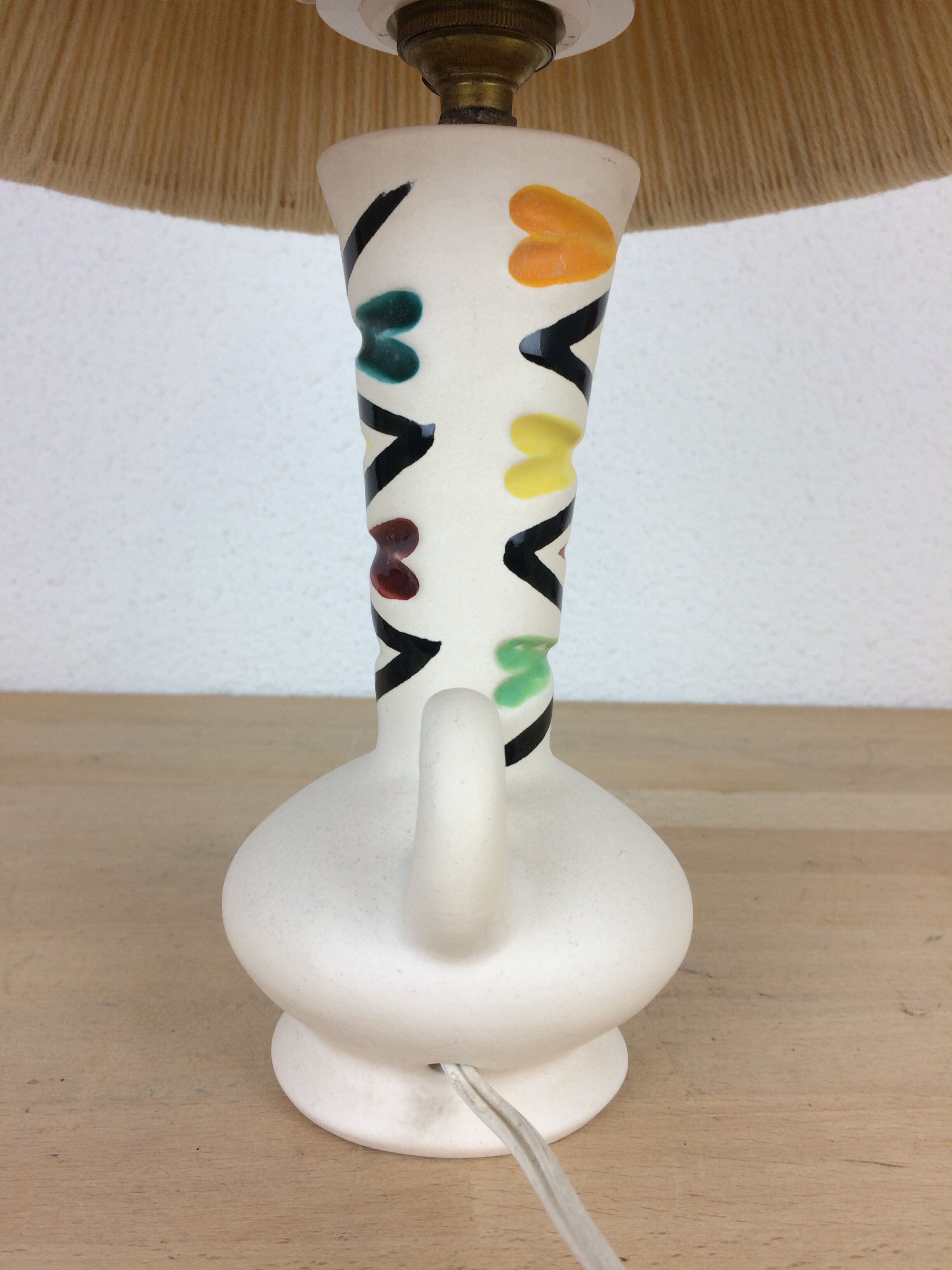 Ceramic lamp 60s and lampshade white wool