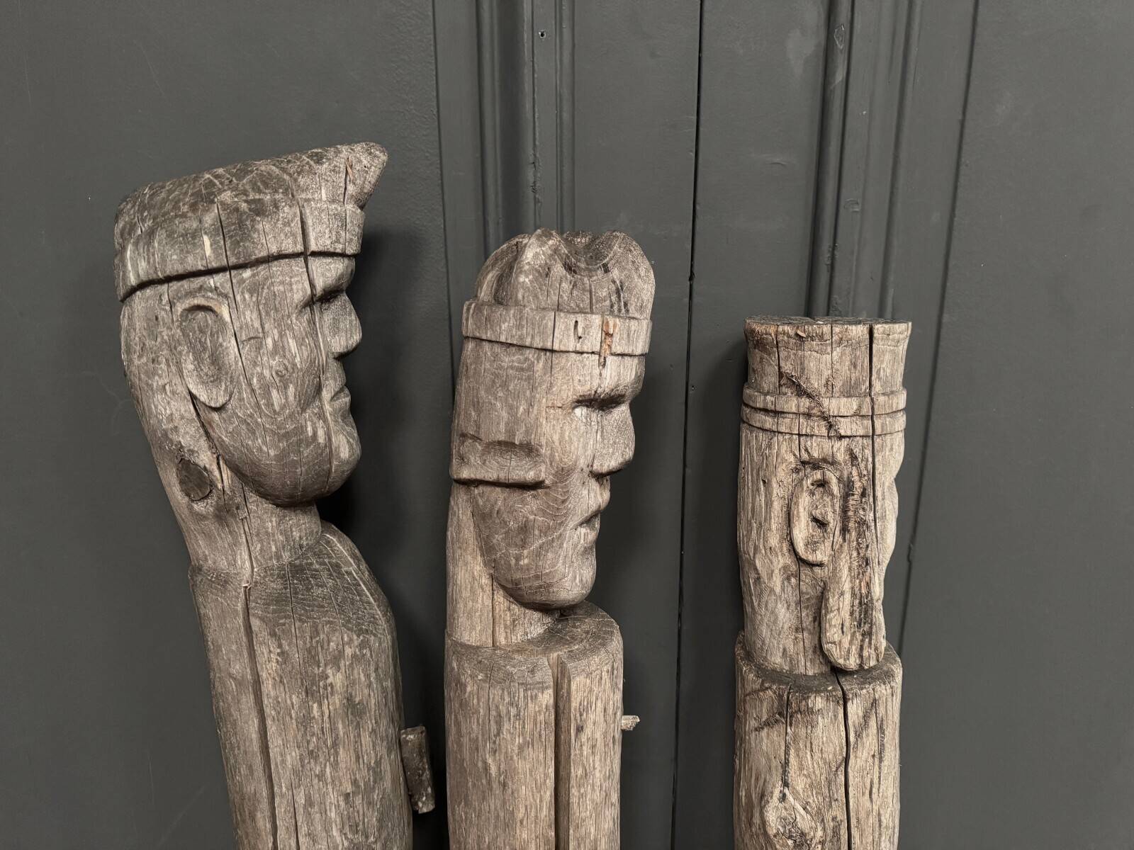 3 wooden folk art totems representing the three wise men, mid-20th century