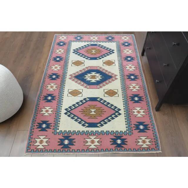 1970s Vintage Turkish Hand-Knotted Wool Cotton Pink Area Rug 120x176
