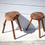Pair of brutalist tripod wood stools