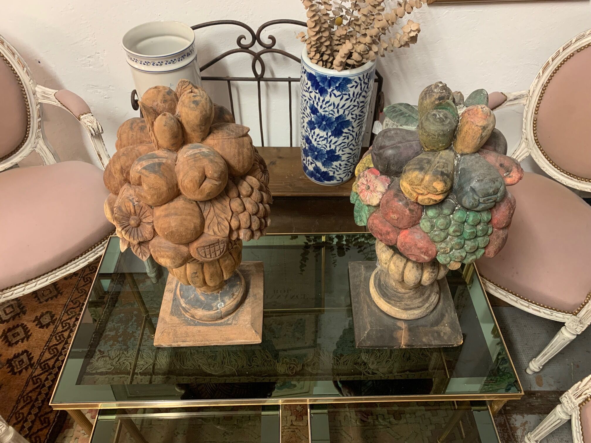 Pair of fruit cup and flowers wood