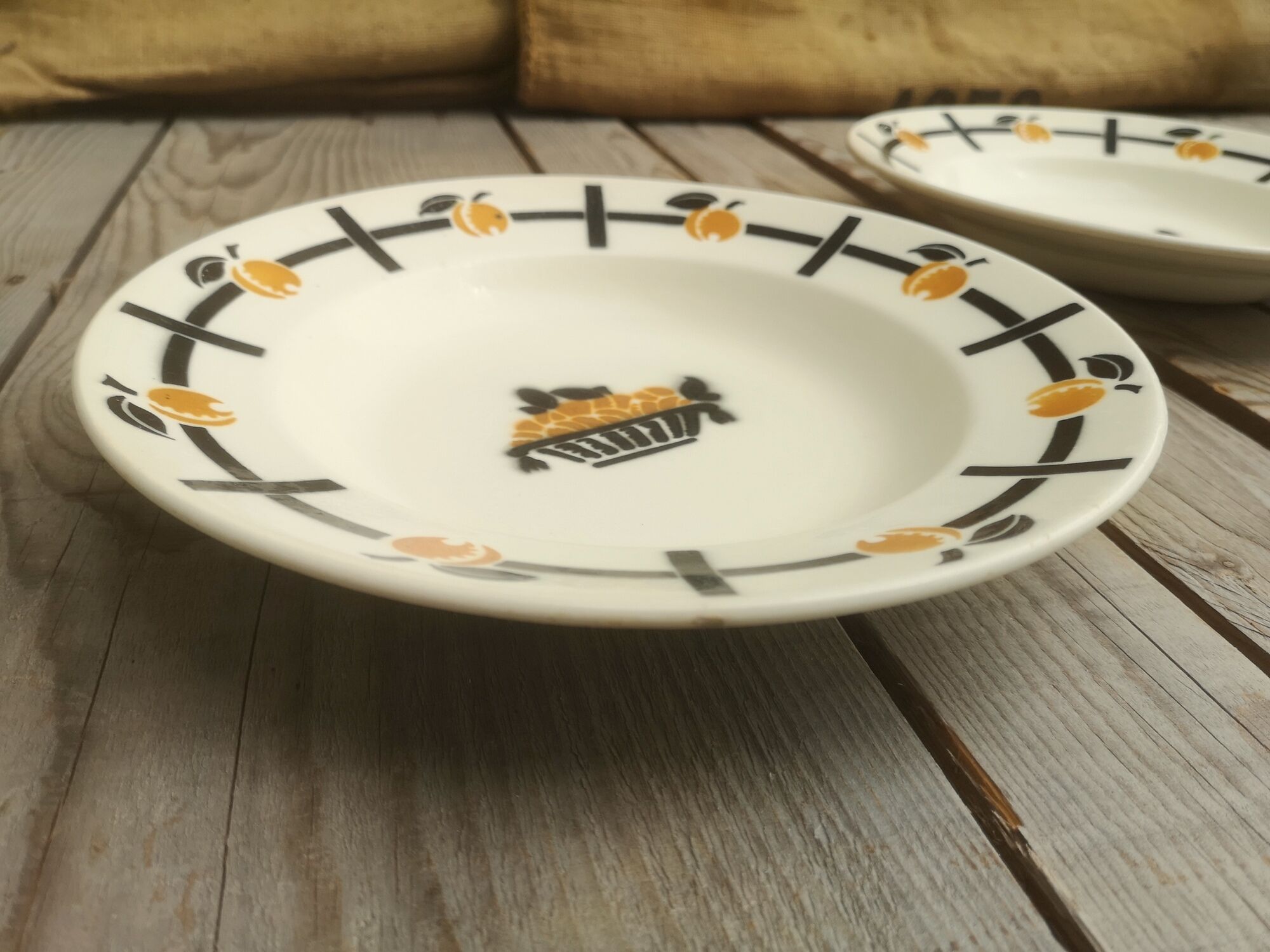 Set of 2 ceramic soup plates décor basket apricots signed Badonviller