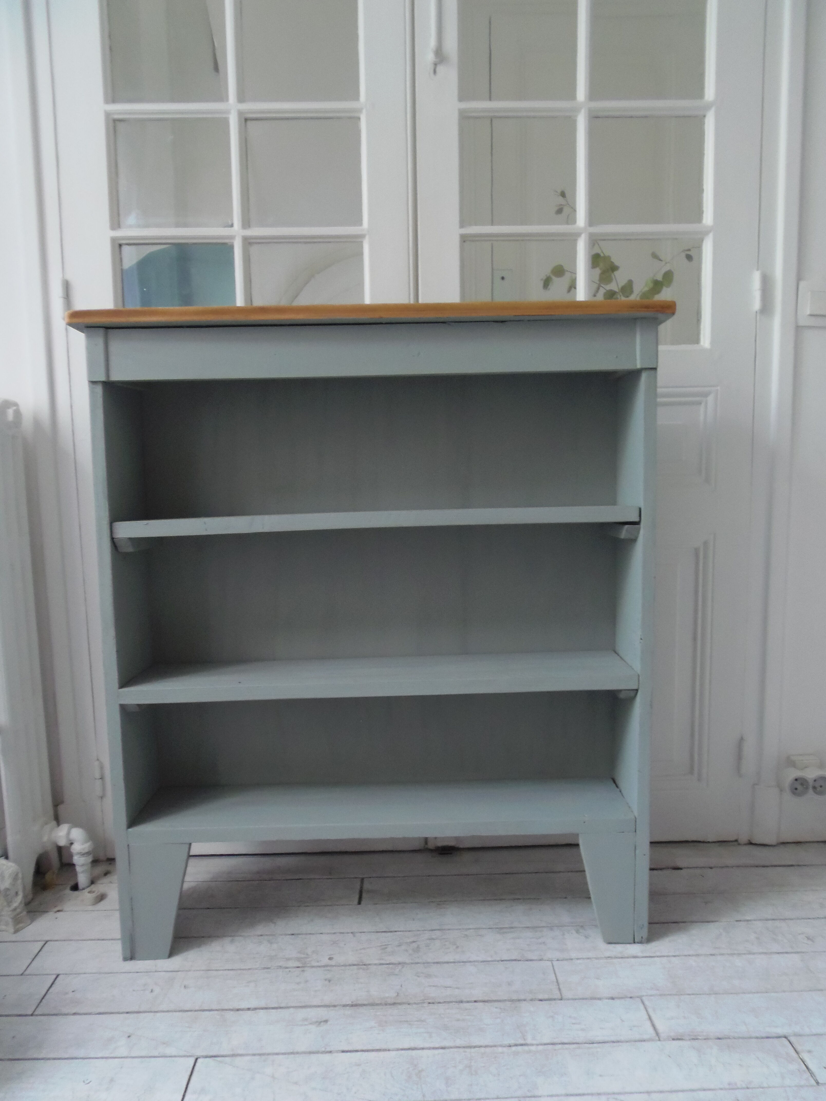 Vintage pearl grey green bookcase, 2 shelves, pitchpin top
