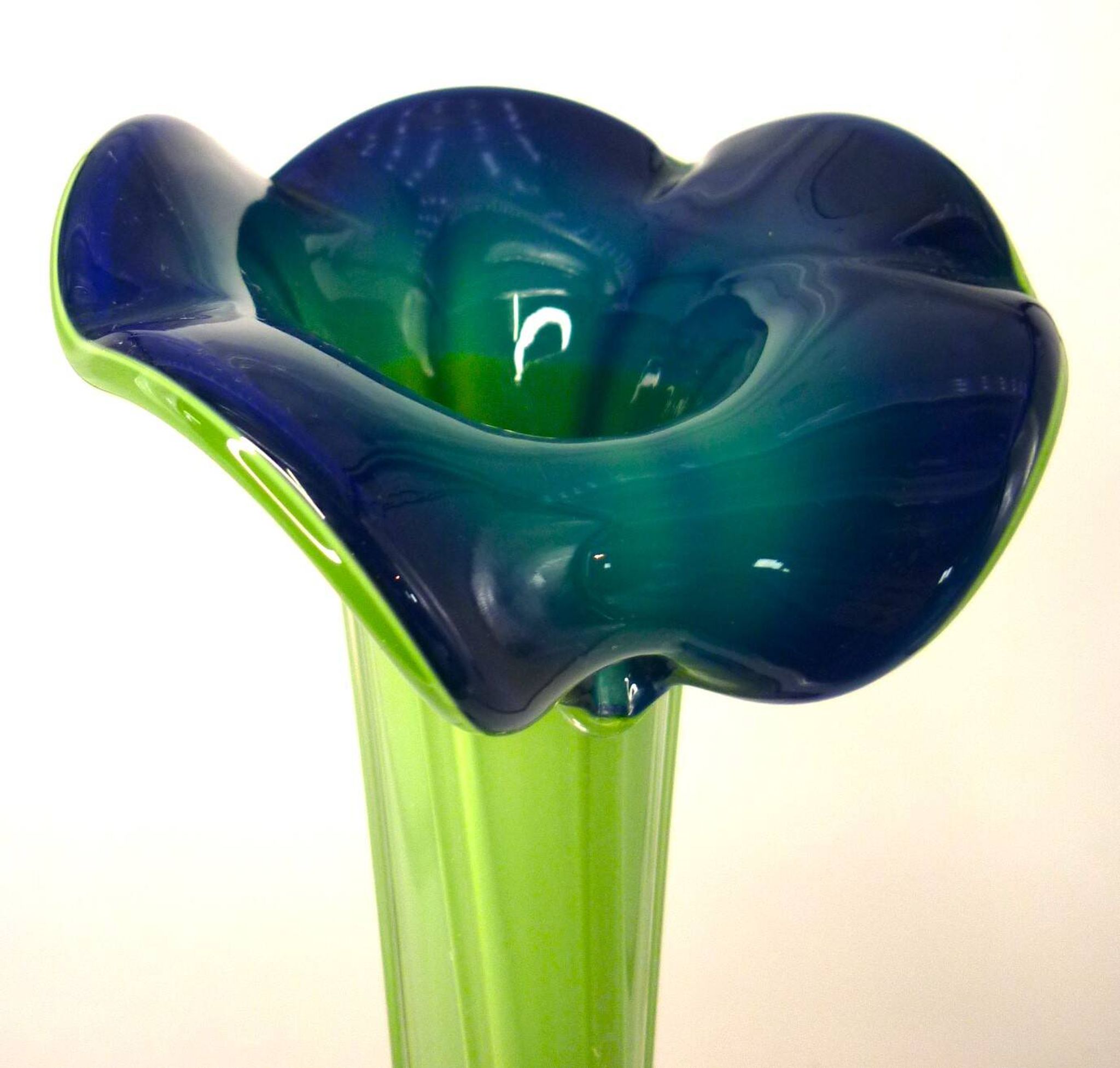 Vintage blown glass vase, twisted, blue and green, height: 39cm