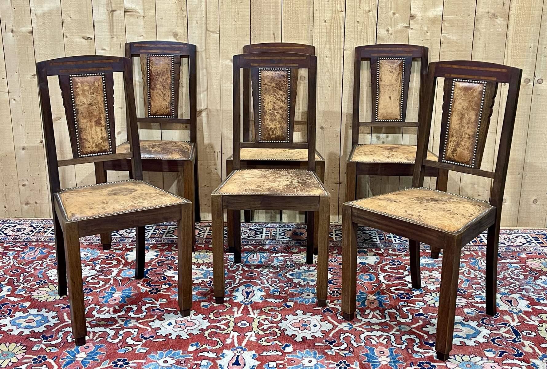 Series of 6 Art Deco chairs in mahogany and leather from the 1930s